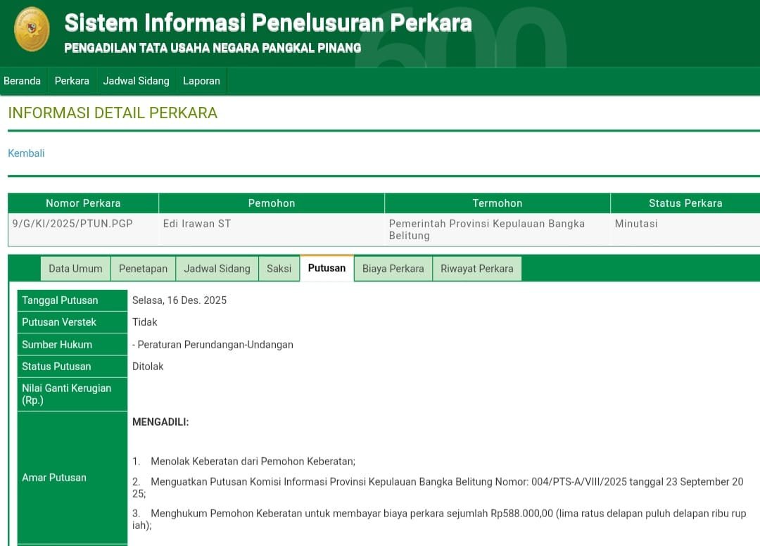 PJSBABEL.COM (BANGKA BELITUNG) — Pengadilan Tata Usaha Negara (PTUN) kembali menegaskan posisi Komisi Informasi Provinsi Kepulauan Bangka Belitung (KI Babel) sebagai lembaga independen yang bekerja sesuai koridor hukum. Rabu (17/12/2025).