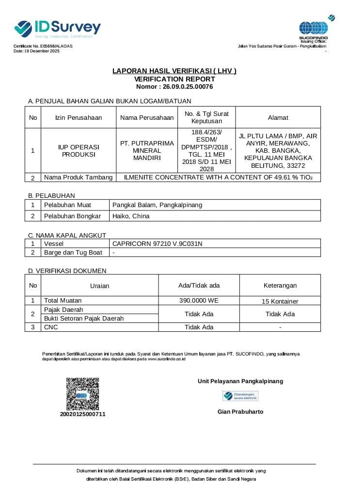 PJSBABEL.COM (PANGKALPINANG) – Pengamanan sementara kontainer ekspor zircon milik PT Putraprima Mineral Mandiri (PT PMM) oleh Bea Cukai Pangkalbalam tidak serta-merta dapat dimaknai sebagai pelanggaran hukum. Rabu (24/12/2025).