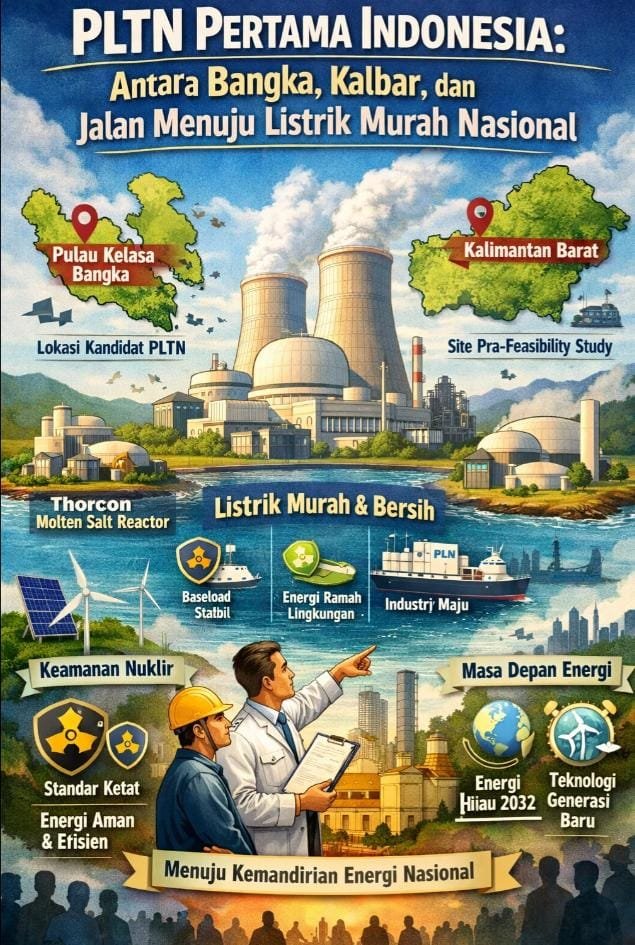 PJSBABEL.COM (Bangka Belitung) - Isu pembangunan Pembangkit Listrik Tenaga Nuklir (PLTN) kembali mencuat ke ruang publik. Kali ini, pembahasannya tidak lagi berhenti pada wacana, melainkan telah masuk ke dalam dokumen resmi negara. Pemerintah melalui Kementerian Energi dan Sumber Daya Mineral (ESDM) memastikan bahwa nuklir akan menjadi bagian dari sistem kelistrikan nasional, sebagaimana tertuang dalam Rencana Usaha Penyediaan Tenaga Listrik (RUPTL) 2025–2034.